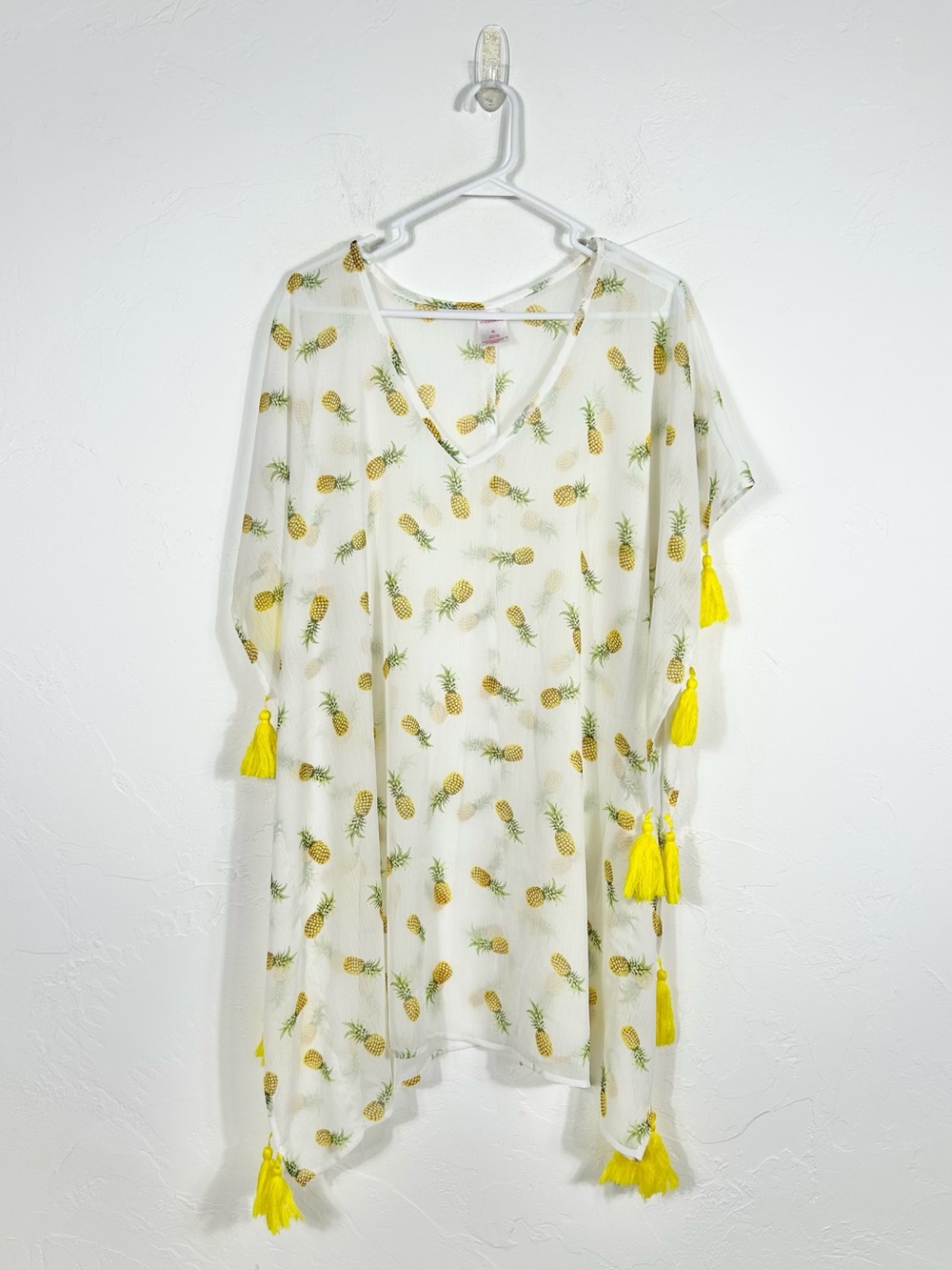 Xhilaration White Pineapple Print Swim Cover Up Tassel Poncho Dress XL